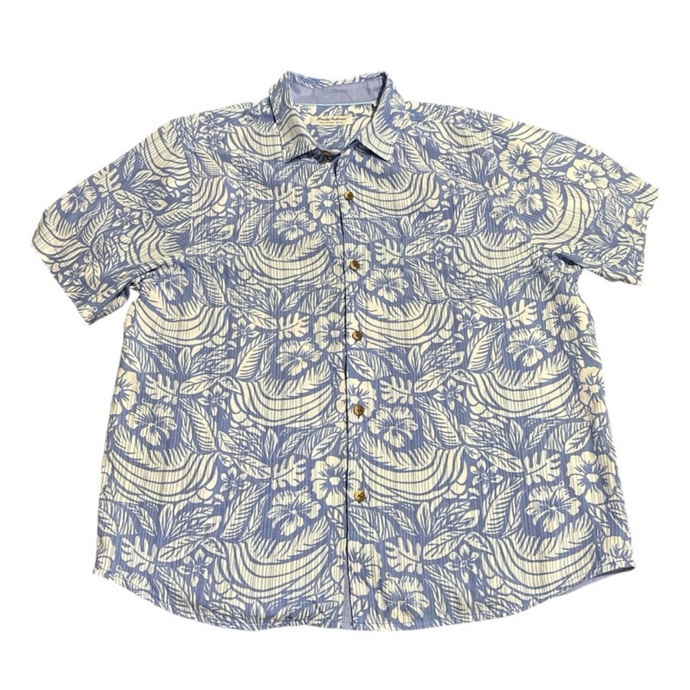 Tommy Bahama Shirt Mens Blue White Floral Short Sleeve Button Up Aloha XL